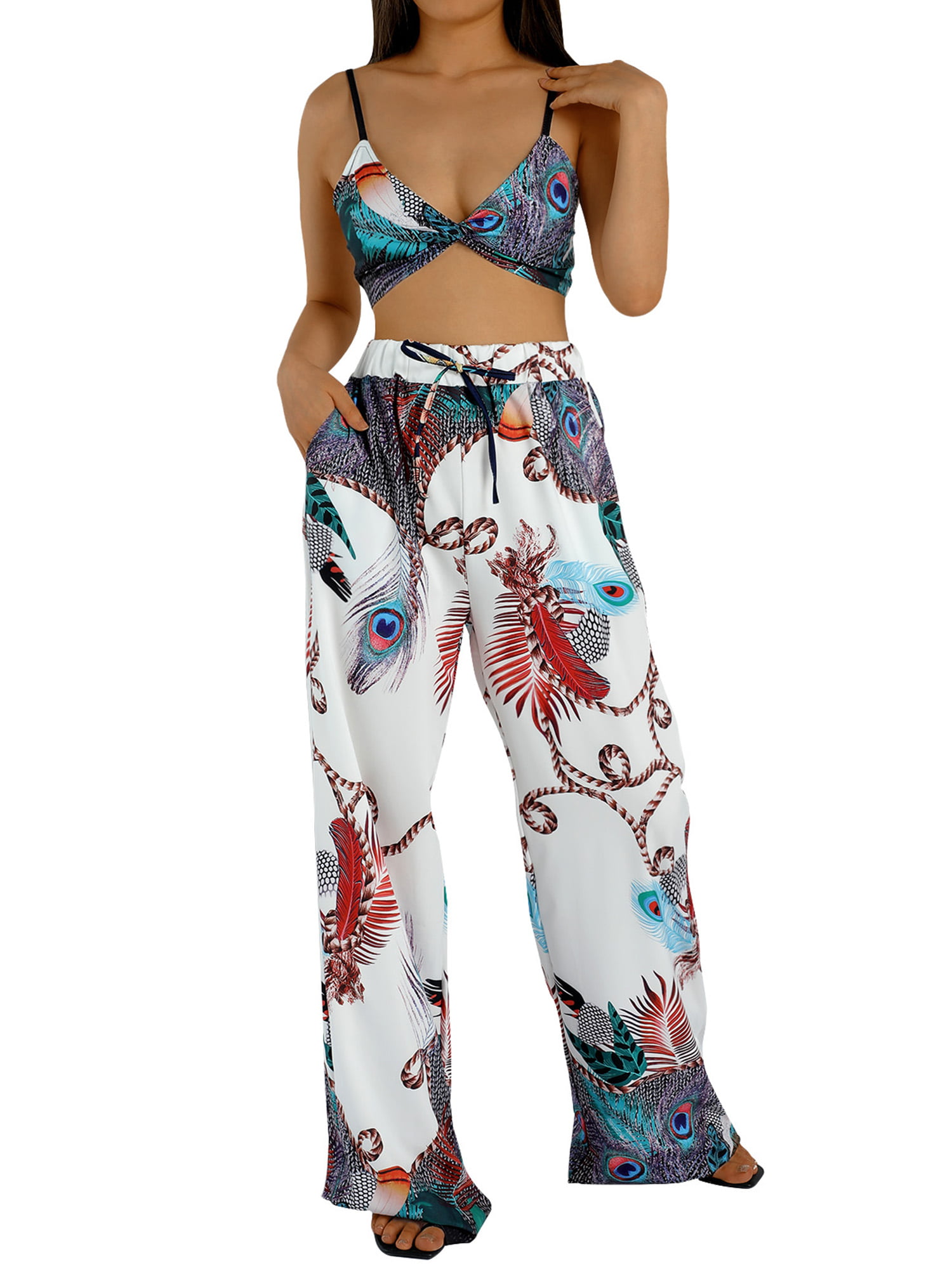 Women Boho Outfits Set Two Piece Summer Fashion Bohemian Floral Butterflies Print Crop Top and Drawstring Wide Leg Pant 