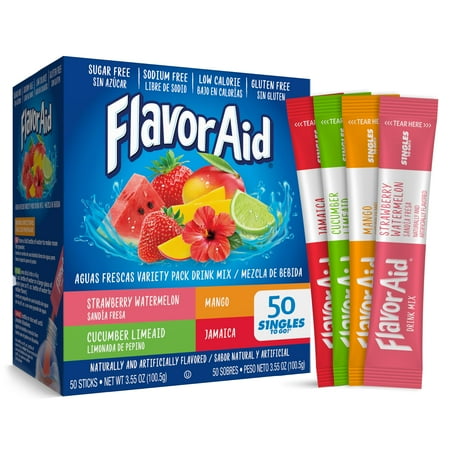 Flavor Aid Aguas Frescas Singles To Go Powdered Drink Mix Variety Pack, Strawberry Watermelon, Mango, Cucumber Limeaid, Jamaica, Sugar-Free, 50 Count Packets
