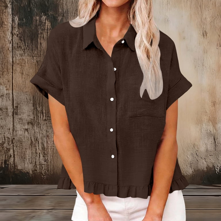 holiday dress shirts women Crgrtght Women Linen Button Down Shirts Casual Collared Short Sleeve Solid  Blouse Vacation Beach Holiday Loose Tops Fringe Hem, Coffee XXL