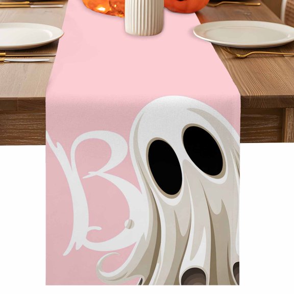 Halloween Ghost Table Runner, Boo Abstract Cotton Linen Table Cloth, Tablerunner for Kitchen Dining Party Wedding Home Decor 13x36 Inch