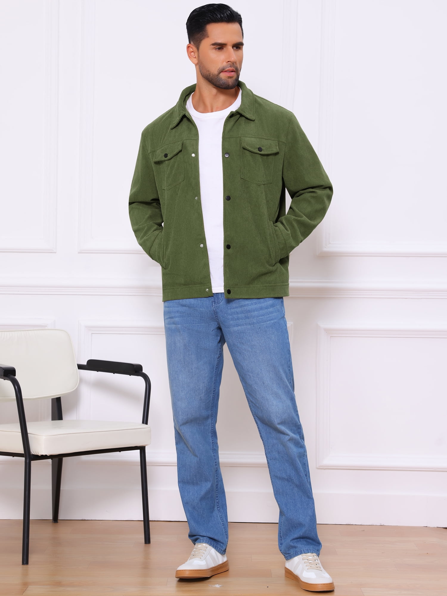 DARING DIVA Men's Solid Long Sleeve Button Pockets Corduroy Trucker Jacket L Green