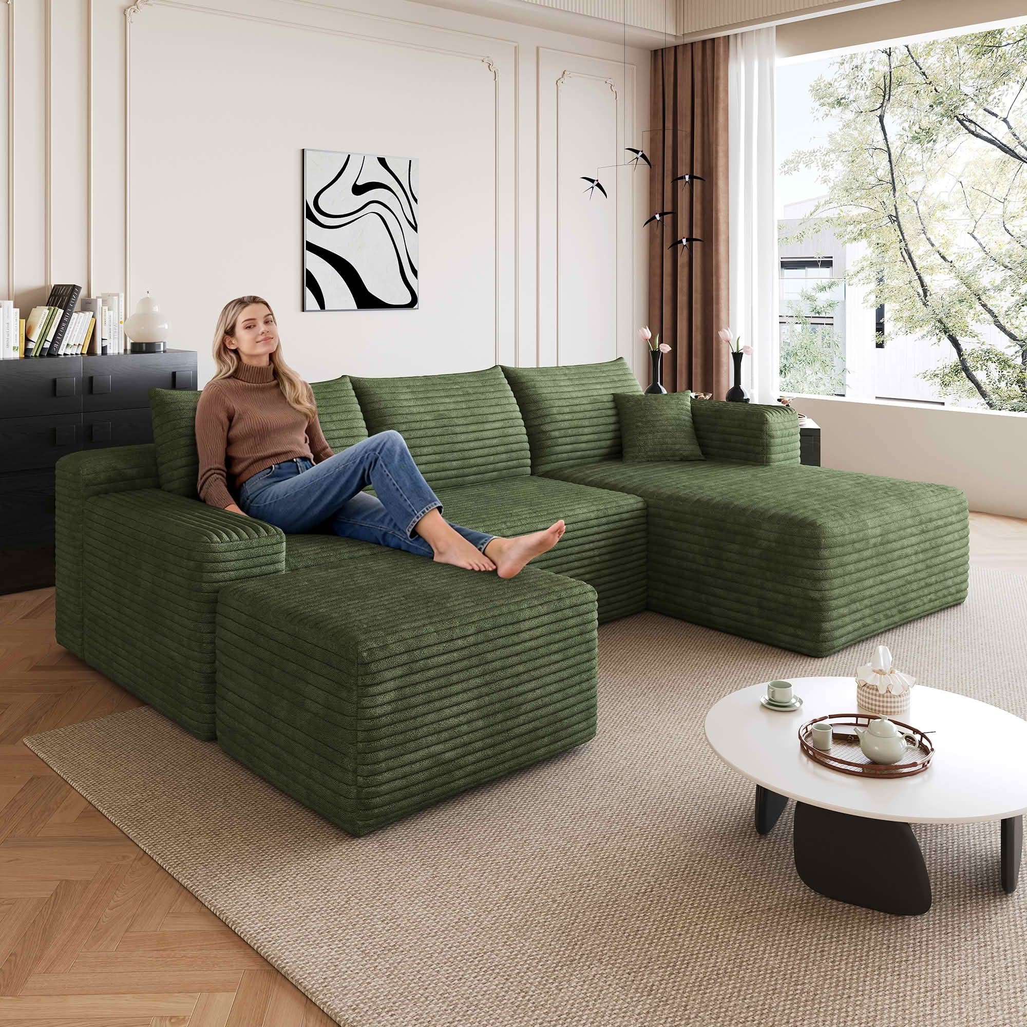 MAYEERTY 95" Cloud Sectional Sofa with Ottoman, U-Shaped Corduroy Deep Seat Couch, No Assembly for Living Room, Green
