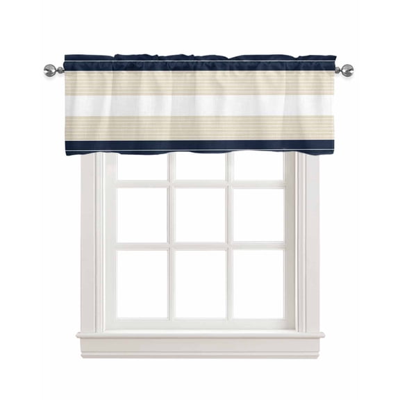 Navy Blue Beige Stripe Kitchen Valances for Windows Farmhouse Linen Window Valance Curtain for Living Room Window Treatment Modern Art Horizontal Striped Valance Rod Pocket Topper Drape, 54 x 18 Inch