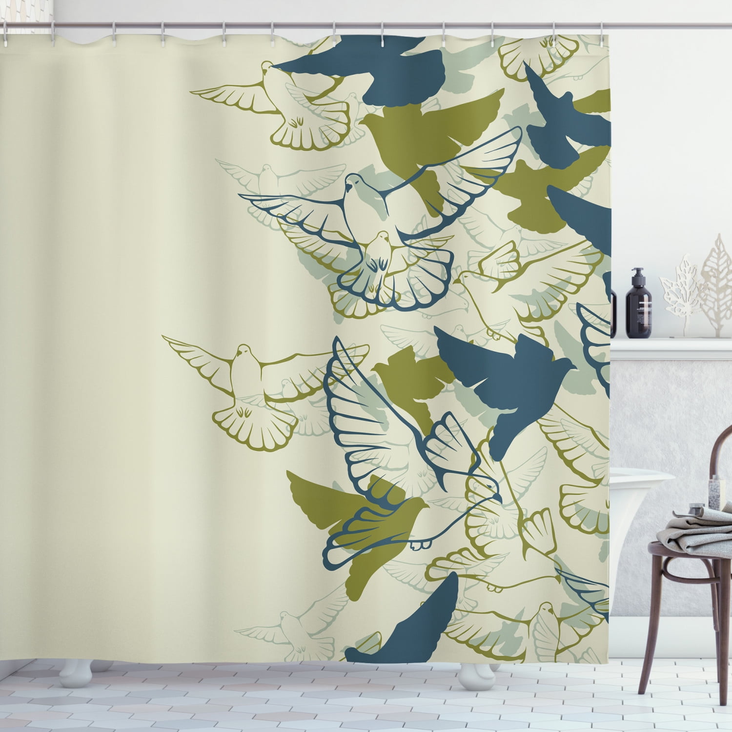 Birds Shower Curtain, Original Colored Image of a Flock Flying Pigeons
