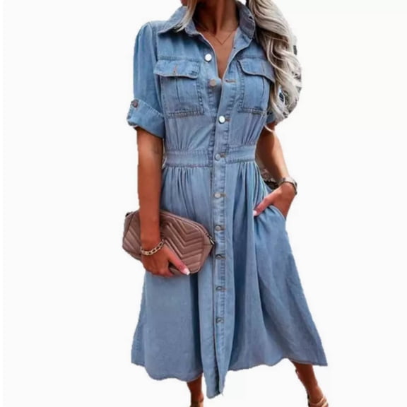 Women Denim Shirt Dress Short Sleeve Long Bottom Down A-Line Jeans Dresses with Pockets