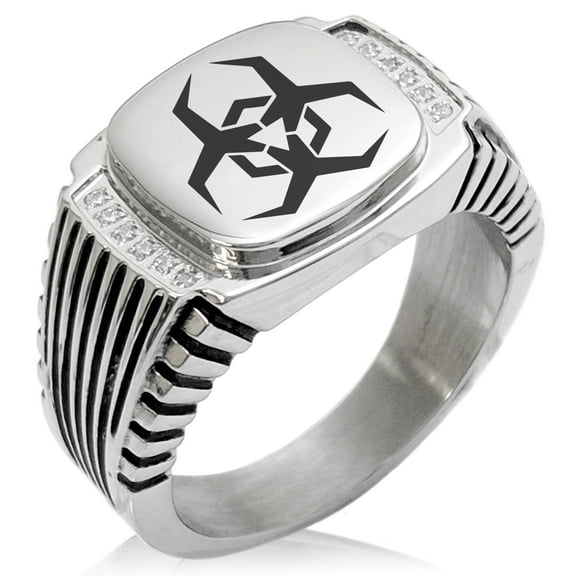 Stainless Steel Biohazard Malware CZ Ribbed Needle Stripe Pattern Biker Style Polished Ring