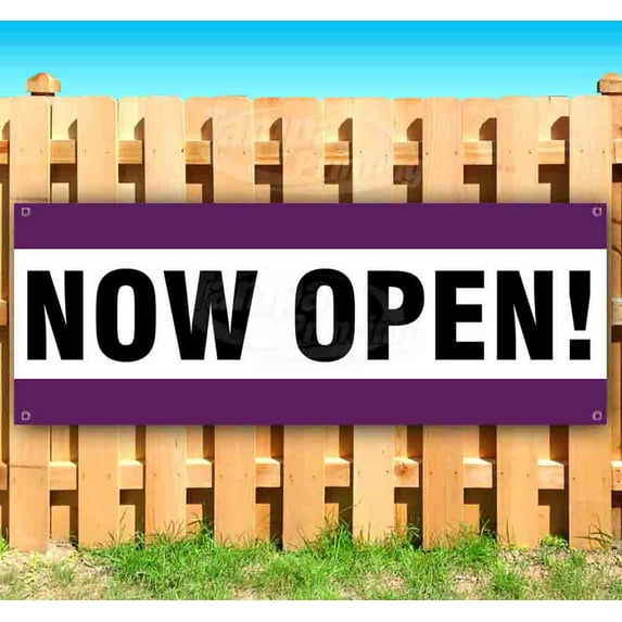 Now Open Purple 13 oz Vinyl Banner With Metal Grommets