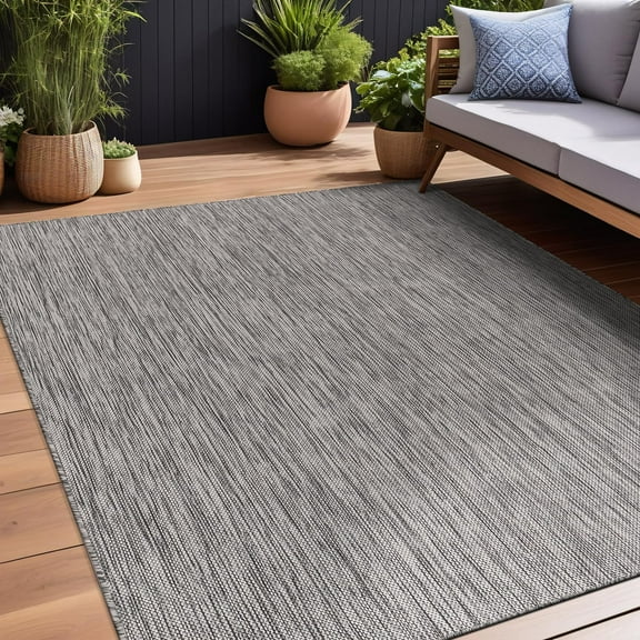 EnjinZZ Indoor Outdoor Rug 8x10, Washable Outside Carpet for Patio, Deck, Porch, Solid Modern Area Rug, Water Resistant, Silver Gray