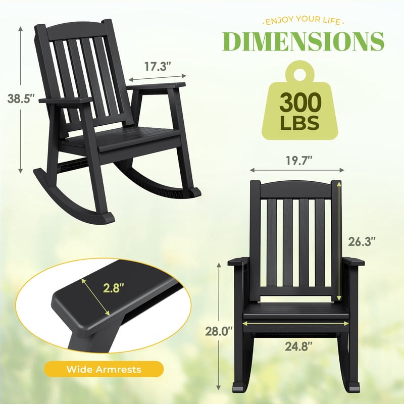 Vineego Oversized Outdoor Rocking Chair Set of 2, Heavy Duty Patio Rocker, All-Weather Resistant Front Porch Lawn Chairs for Outside, Black