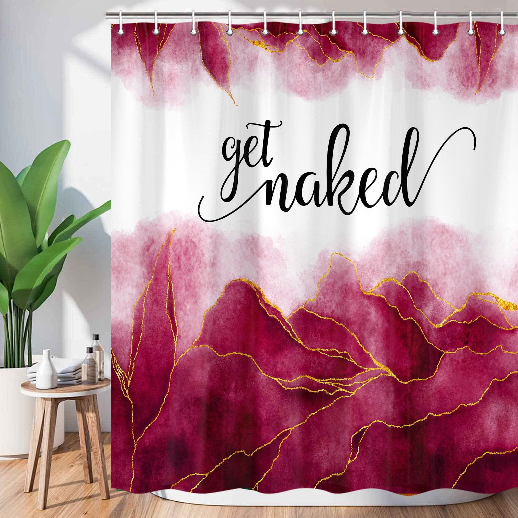 Get Naked Burgundy Shower Curtain, Golden Burgundy Marble Texture Shower Curtain Sets, Abstract Watercolor Modern Bathroom Curtain with Hooks Waterproof Fabric Decor, 70X70IN