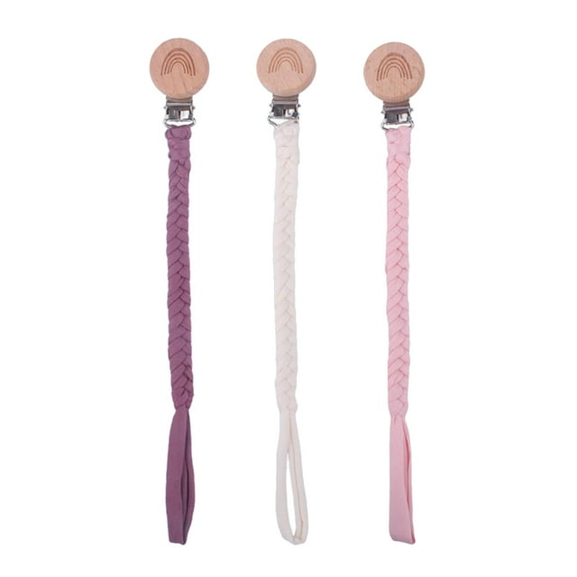Pack de 3 cadenas para chupete, prácticas y tejidas a mano, para cuna unisex. Beige/Rosa/Violeta