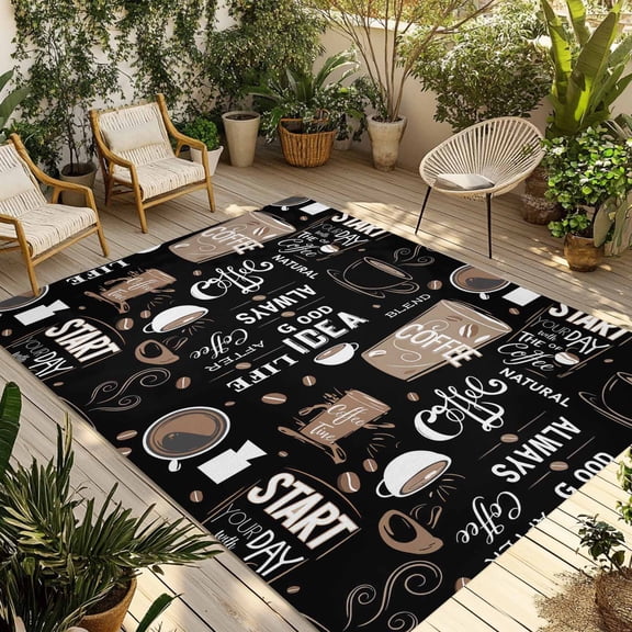 6' x 9' Outdoor Rug, Black Coffee Outdoor Washable Rug Large Floor Carpet, Modern Rustic Coffee Cup Beans Non Shedding Area Rug for Outside, Patio, RV, Porch, Deck, Balcony, Camping, Living Room