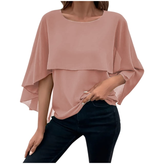 Timegard Haut Fluide pour Femmes Col Rond Manches Mi-Longues en Chiffon Léger Couleur Unie Été Plage Décontracté