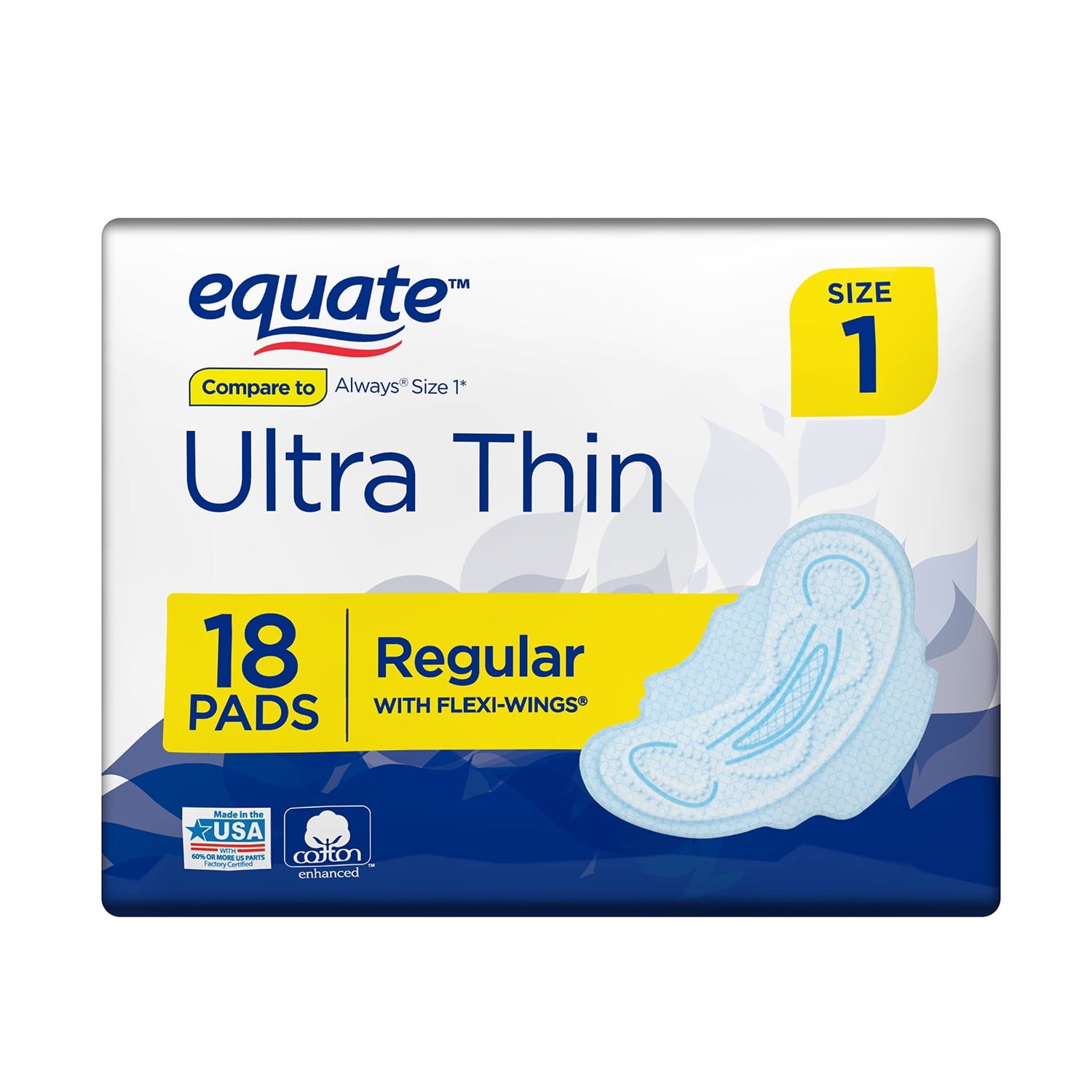 Equate Ultra Thin Pads with FlexiWings, Regular, Size 1, 18 Count