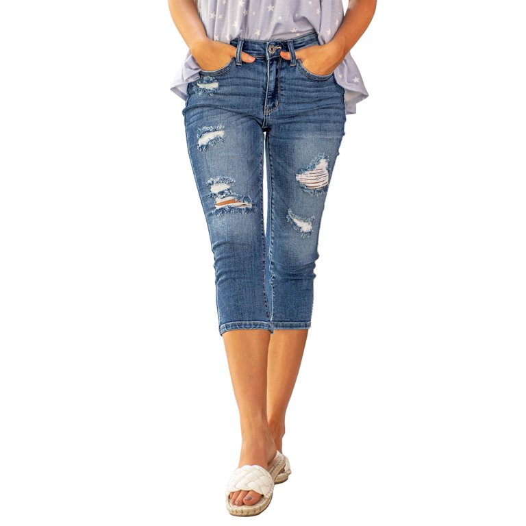 luvamia Women's Classic Denim Capri Jeans Ripped Skinny Stretch Pants  Classic Blue, M, Fit Size 8 Size 10 