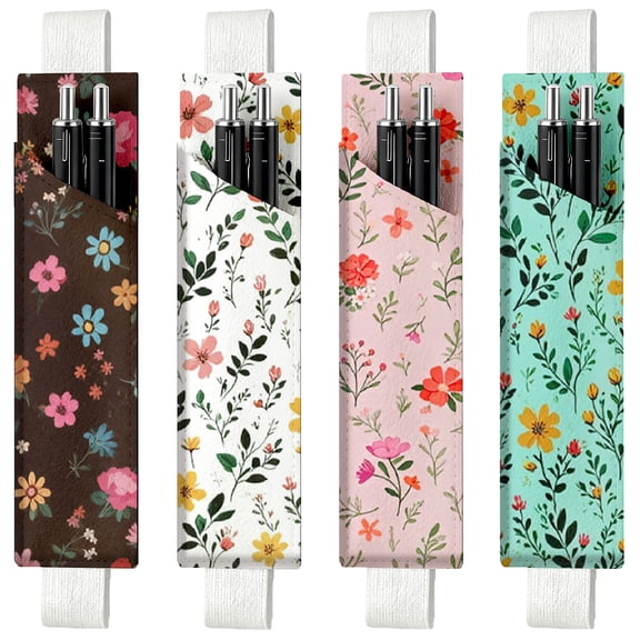 4Pcs 4 Styles Elastic Pen Holder Green Leather Pencil Pouch for Notebook Colorful Wildflowers Print Adjustable Band Leather Pen