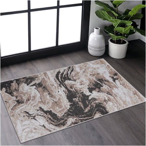 JERFIT Modern Abstract Area Rug 2x3 Light Brown Non-Shedding Stain Resistant Easy Clean Polyester Carpet for Living Room Bedroom Dining Office