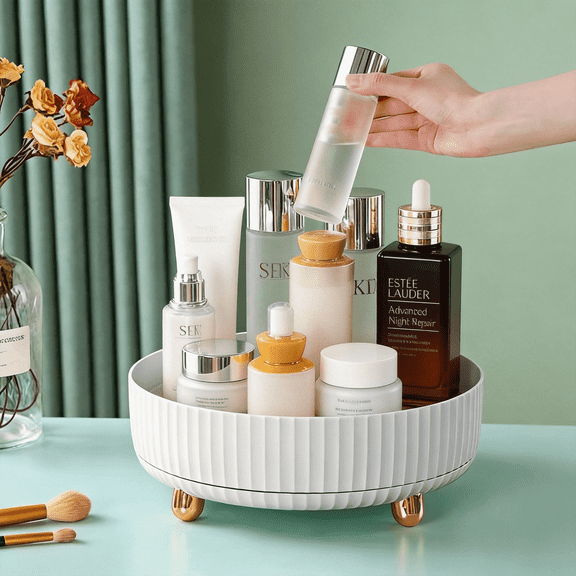 Rotating Perfume Organizer, 360° Lazy Susan Makeup Organizer for Vanity, Crystal Water Ripple Cosmetic Storage Tray for Skincare, Lotions, and Jewelry, White
