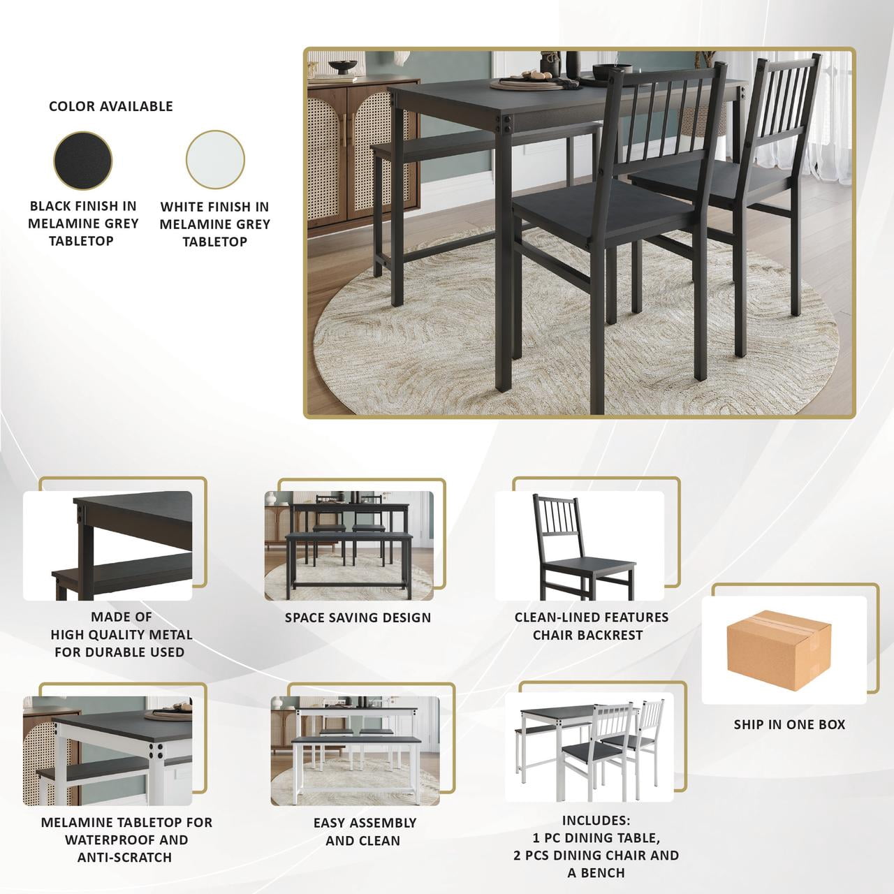 Castle Place Elegant 4-Piece Metal Dining Set In Black