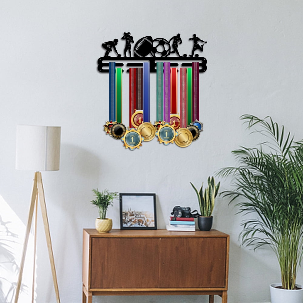 PH Football Soccer Medal Holder Athletics Medal Hanger Display Rack Wall Mount Hanger Decor Trophy Shelf Tiered Award Rack Award Ribbon Hanger