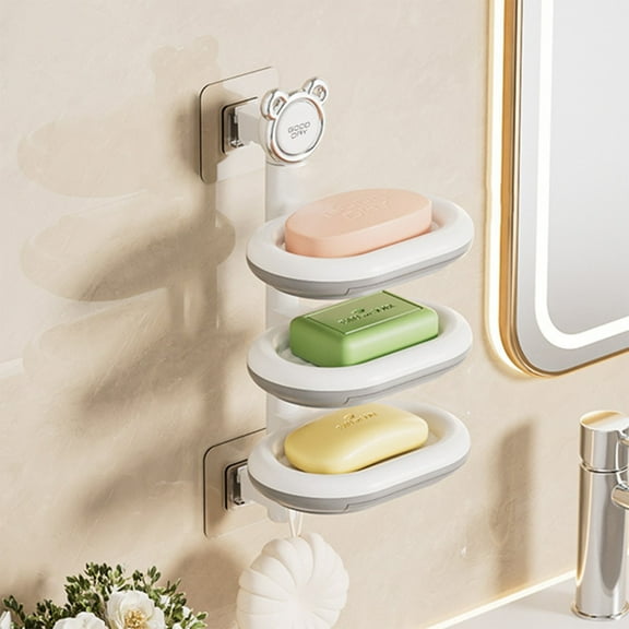 Shower Soap Dish Holder with No-Drill Rotating Soap Box Bar Soap Holder with Wall Mounted Soap Box Container for Shower, Bathroom, Soap Dispenser Tray Multi-Layer Soap Storage Clearance