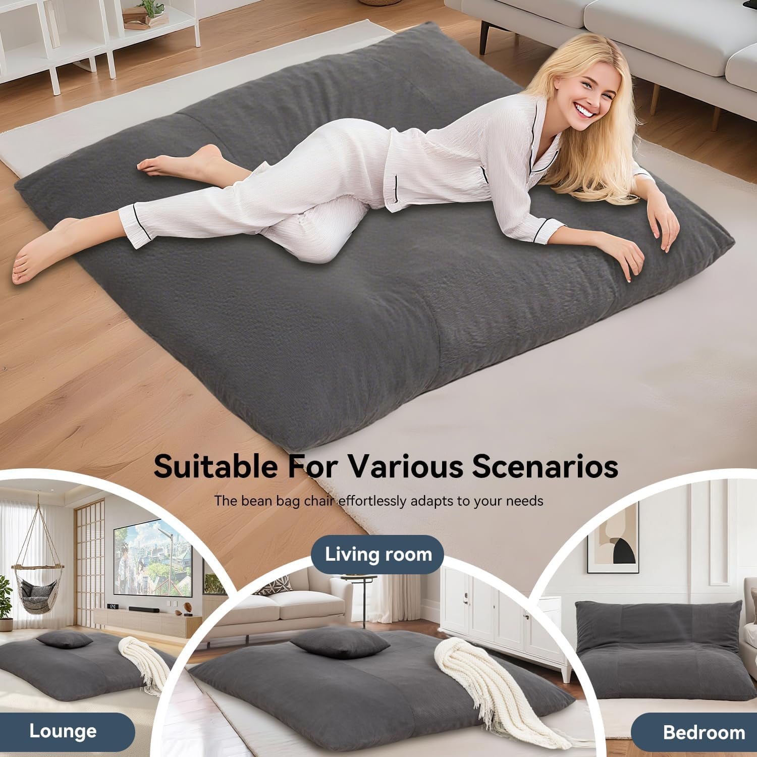 LEHZROAJ 3 in 1 Corduroy Bean Bag Chair with Pillow, Cozy Folding Sofa Bed for Adults Memory Foam Filled No Assembly for Living Room Bedroom,Gray