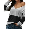 thumbnail image 3 of Women Striped Print Color Block Deep V Neck Long Sleeve Knitted Shirt, 3 of 5