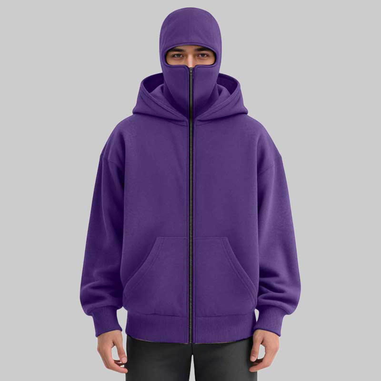 LiJinLong Balaclava Hoodie Zipper with Windproof Warm Face, Double Hooded Zip Jacket, Resistant Winter Hoodies for Men's & Women's, Black L S-XXL