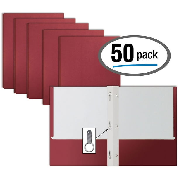 Burgundy Paper 2 Pocket Folders with Prongs, 50 Pack, by Better Office Products, Matte Texture