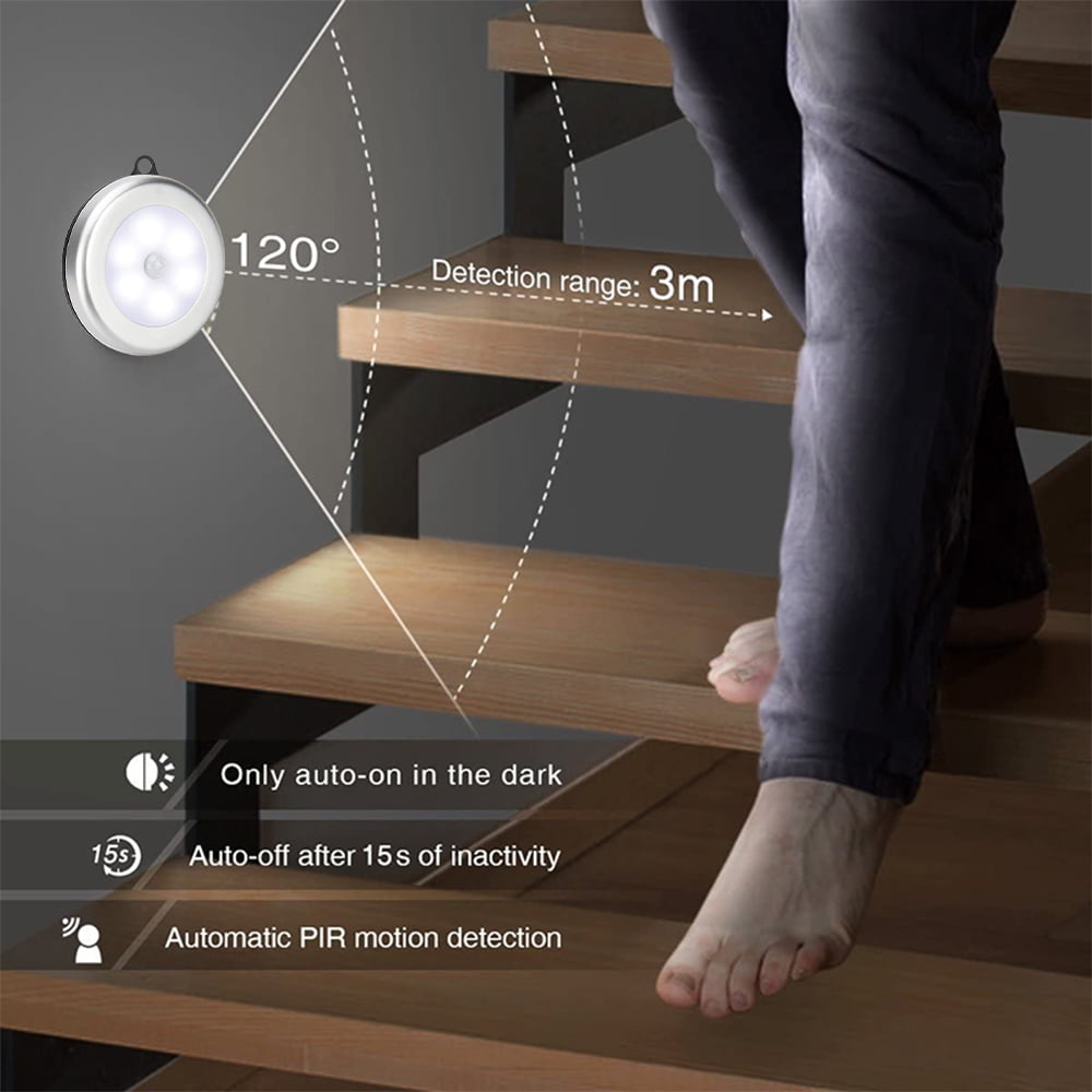 6Packs Motion Sensor Light Indoor,LED Closet Lights,Night Light Battery Powered,Battery Operated Cabinet Light,Wireless Wall Puck Lamp Stick for Stair,Step,Hallway,Garage,with Hanging rope(White)