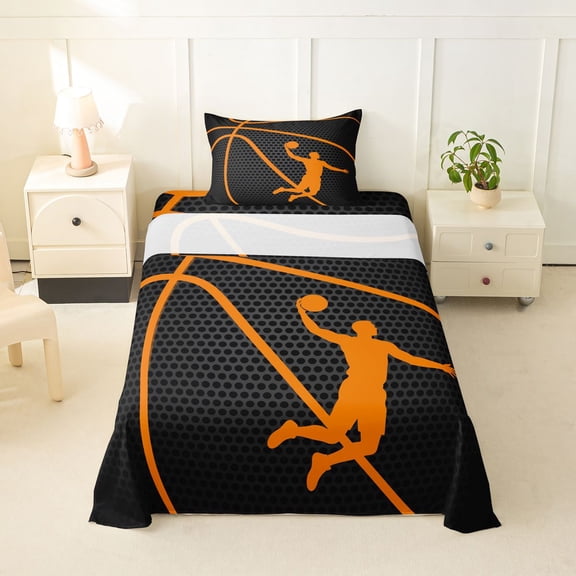 Feelyou Black Basketball Twin Sheets for Boys, Sport Athlete Player Bedding, 3 Pieces, 1 Flat Sheet, 1 Fitted Sheet and 1 Pillowcase