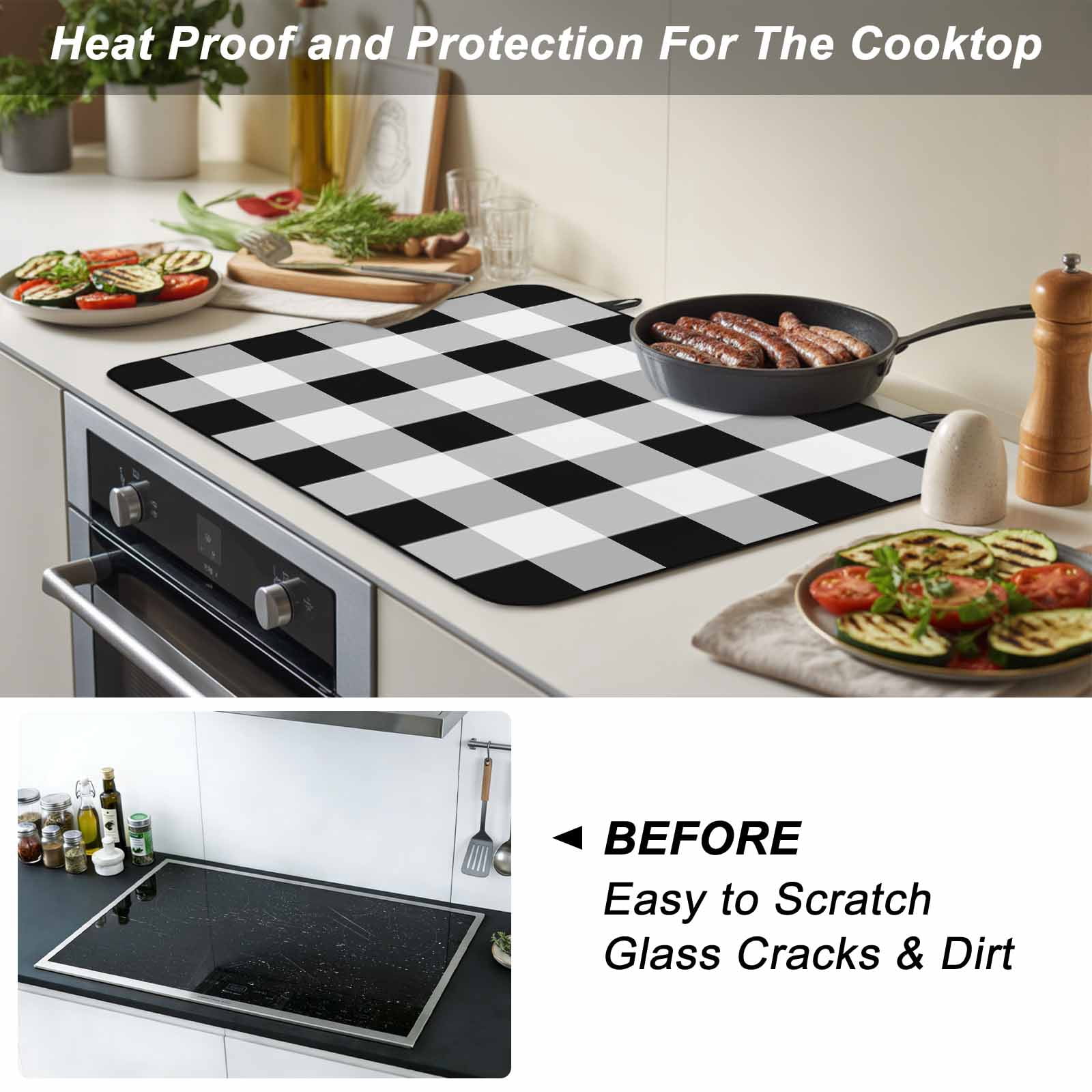 Black White Plaid Stove Top Cover for Electric Stove, Heat-proof & Non Slip Glass Top Stove Cover Protector, Spring Farmhouse Buffalo Checkered Kitchen Flat Cooktop Rubber Mat 31x24 Inches