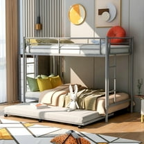 Twin Over Twin Bunk Bed with Trundle, Metal Twin Bed with Safety Guard Rail and Ladders, Space-Saving Bedroom Bunk Bed for Teens and Adults, Easy Assembly, K3297