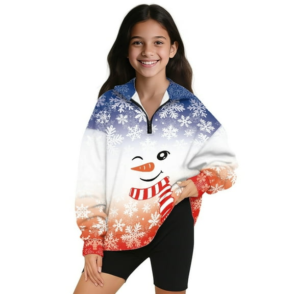 Xoenoiee Christmas Snowman Snowflake Print Kids Sweatshirt Half Zip Long Sleeve Pullover Tops Xmas Oversized Casual Sweaters Activewear for Girls Teens, Size 13-14 Years