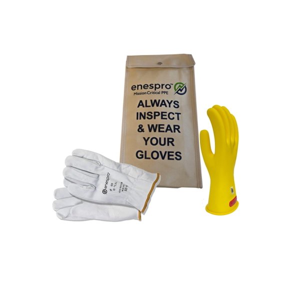 National Safety Apparel Class 0 Yellow Rubber Voltage Insulating Glove Kit with Leather Protectors, Max. Use Voltage 1,000V AC/ 1,500V DC (KITGC009Y)