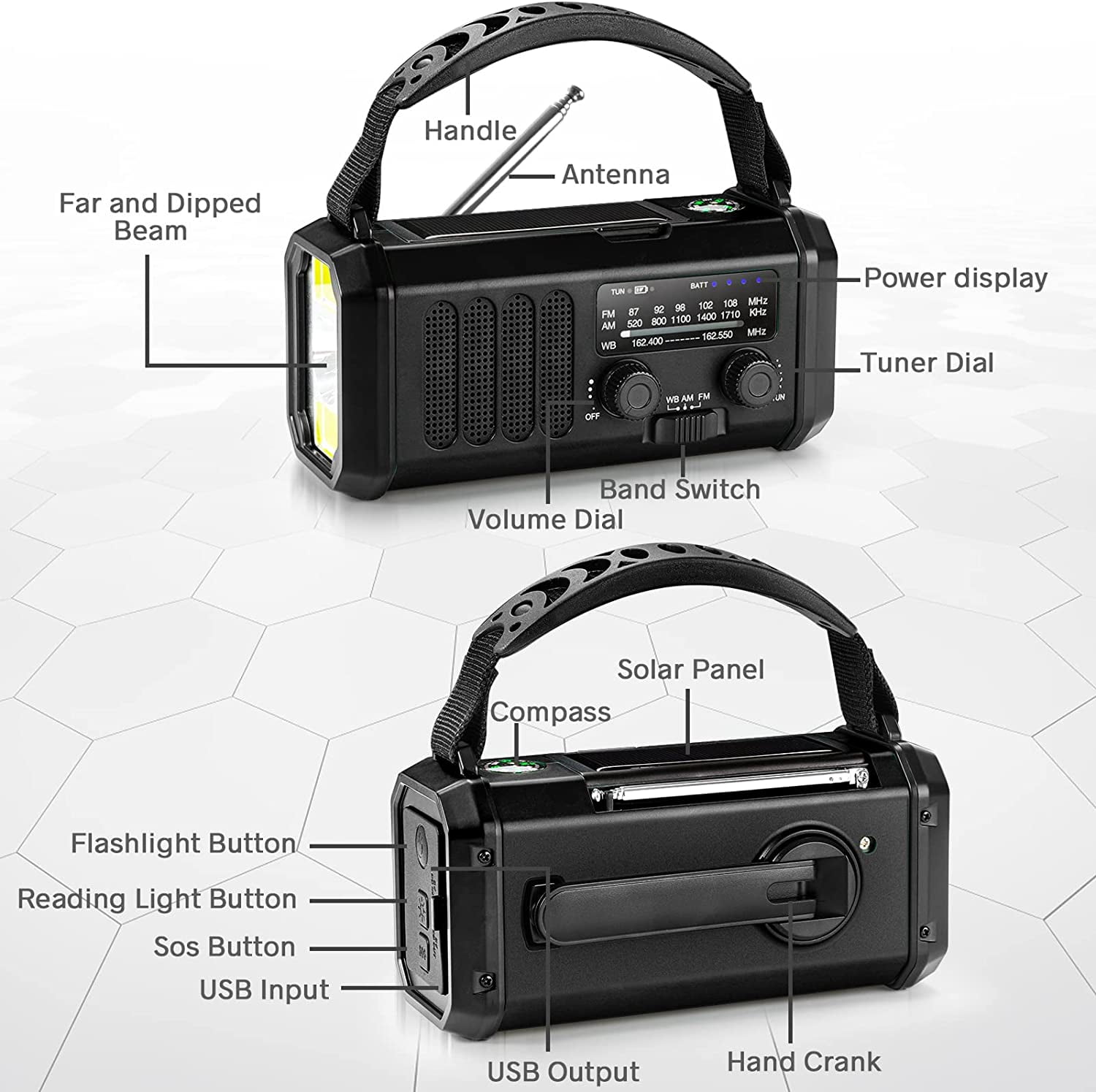 Hand Crank Emergency Radio,  Weather Radio with  Solar Radio,10000mAh Rechargeable Battery Powered, USB-C Charger, Flashlight, SOS Alarm, for Storm, Hurricanes Outdoor Survival Emergencies