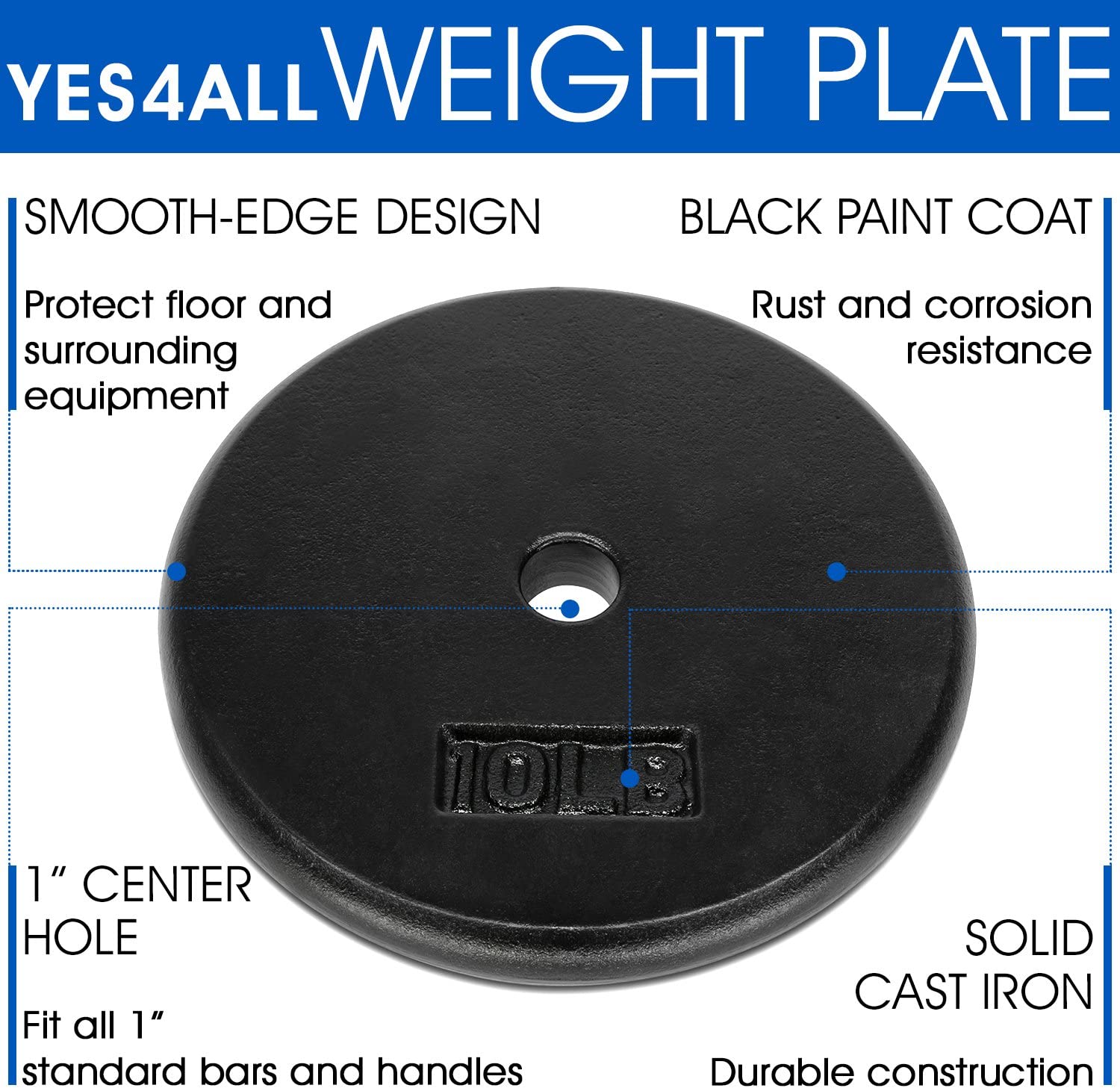 Yes4All 10 lbs Standard Weight Plates, 1 inch Cast Iron Weight Plates for Dumbbells, Single - image 4 of 7