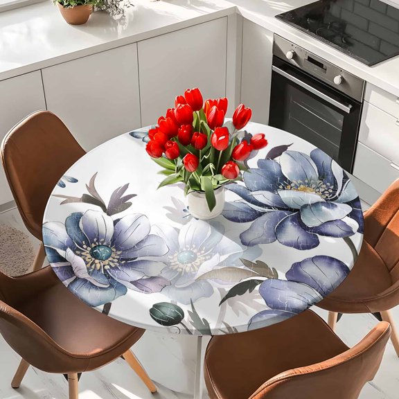 Blue Flowers Elastic Fitted Round Tablecloth Butterfly Floral Eucalyptus Leaves Waterproof Outdoor Table Cover for Holiday Party, Picnic, Patio & Dining Fits Tables Up to 36"-44"