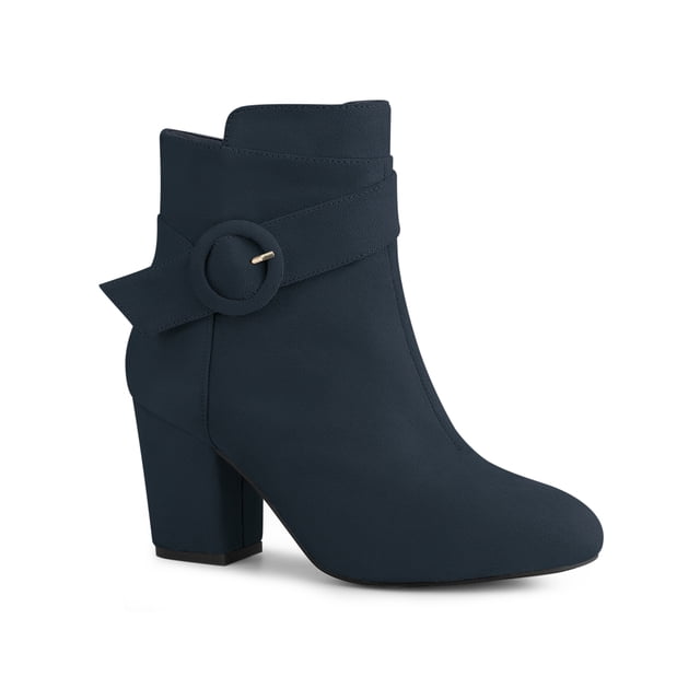 Unique Bargains Bottes à Talon Bloc à Bout Rond pour Femmes Bottillons à la Cheville Bleu (Taille 8)