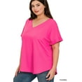 thumbnail image 3 of Zenana Women & Plus V-Neck Heavy Dobby Boat Neck Rolled Short Sleeve Blouse Top, 3 of 3