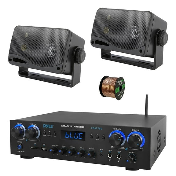 Pyle PDA77BU 4-Channel Home Theater Bluetooth MP3/USB/SD/RCA/AUX FM Radio Receiver, 2x 3.5" 200 Watt 3-Way Indoor/Outdoor Wall Mount Speakers (Black), 50 ft 16 Gauge Speaker Wire
