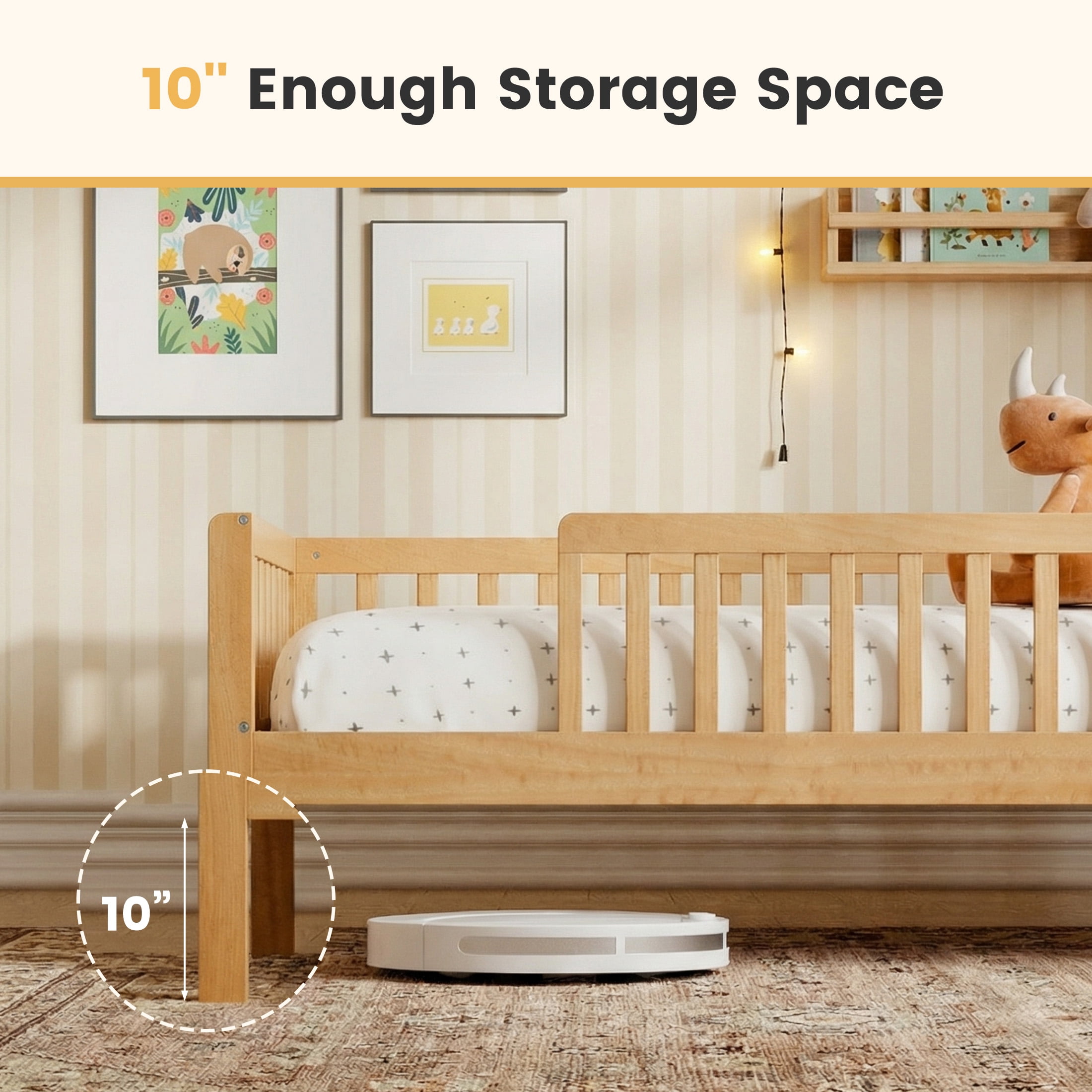 edx Twin Bed Frame with Rails & Storage, Solid Wood Platform Bed with Safety Guardrails & House Headboard, Slat Support, No Box Spring Needed, Natural