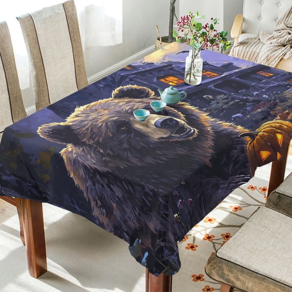 BZSMCE Square Tablecloth Hesitant Bear and Pumpkin Pattern Tableclothes