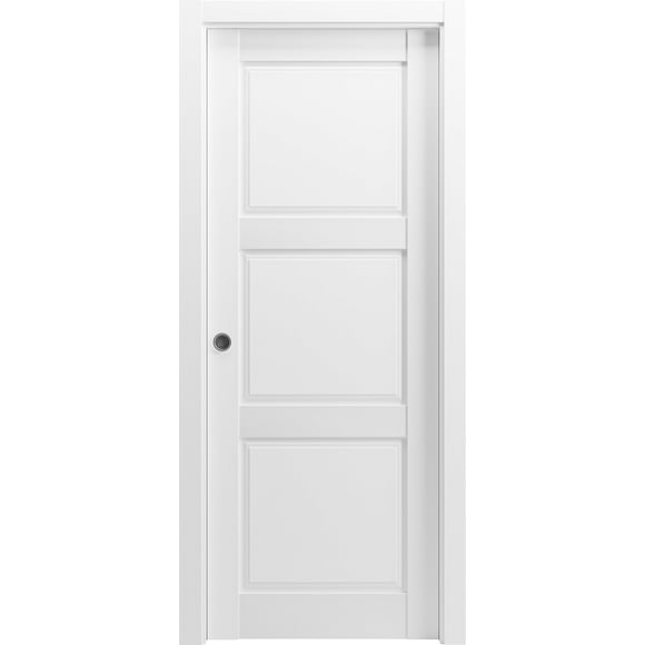 SARTODOORS Sliding French Pocket Door 32 x 80 inches with Panels | Lucia 2661 Matte White | Kit Trims Rail Hardware | Solid Wood Interior Bedroom Sturdy Doors