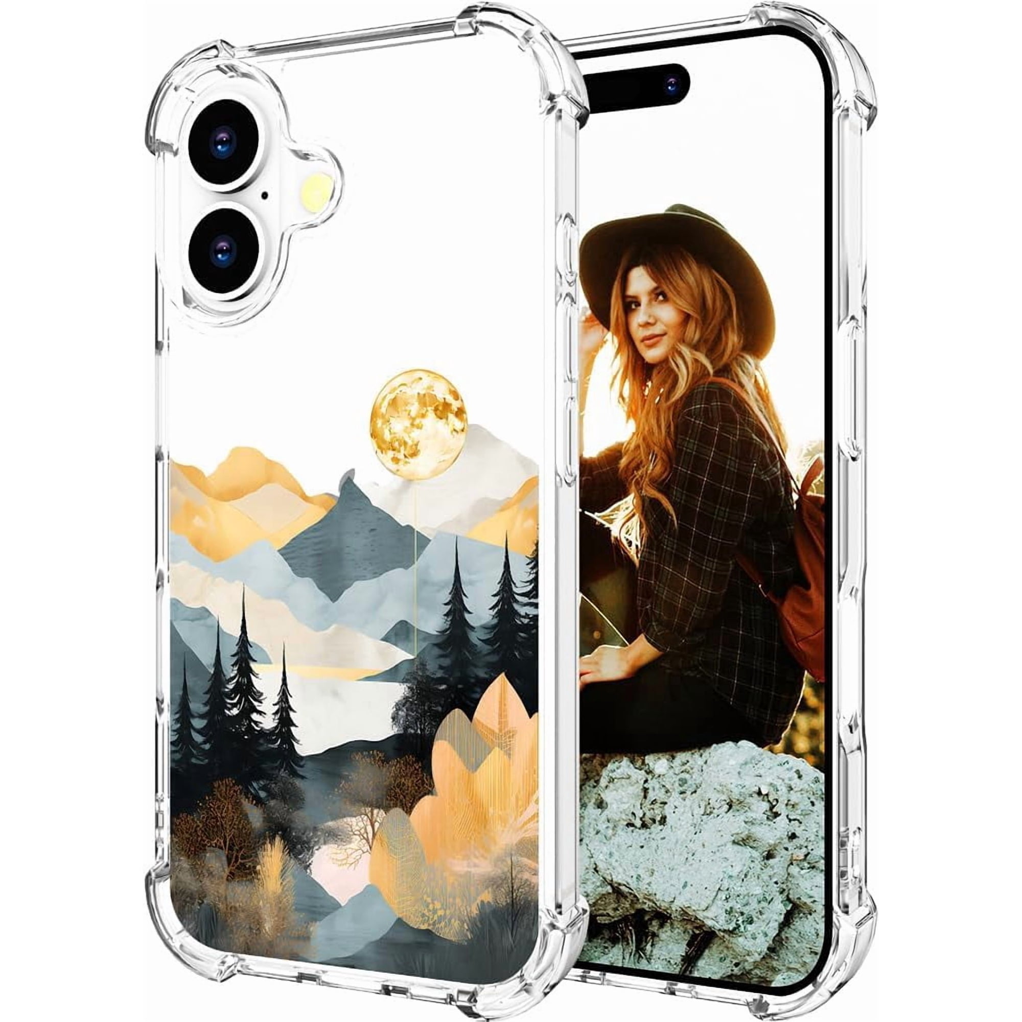 Compatible for iPhone 17 Case, Thin Slim Cute Girly Skin Cases Protector with Airbag Bumper for Women Girls (Clear Pine Trees Mountain)