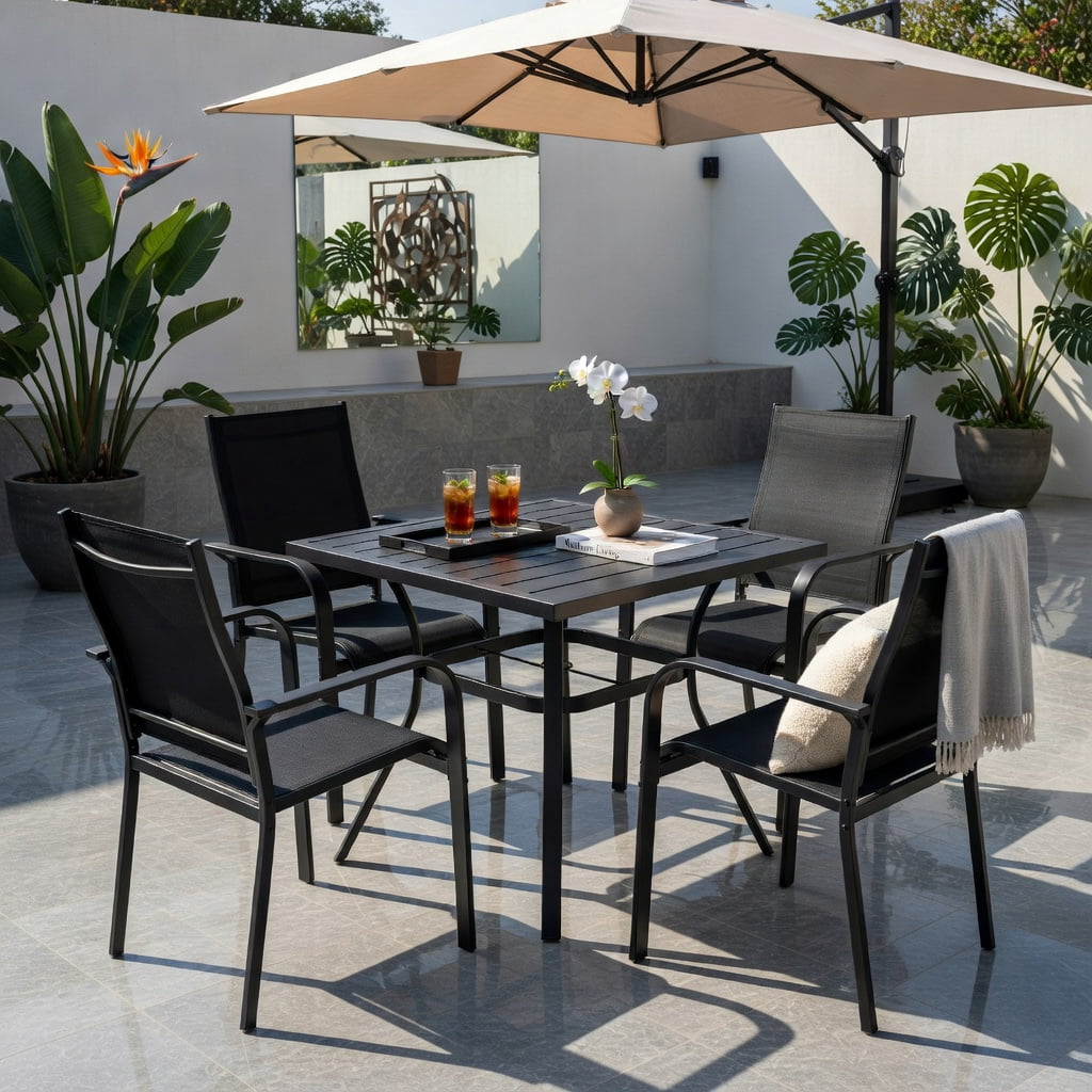 Hommoo Stackable Outdoor Dining Chairs Set of 2, Heavy-Duty Metal Frame Patio Armchairs with Breathable Mesh Back, Black