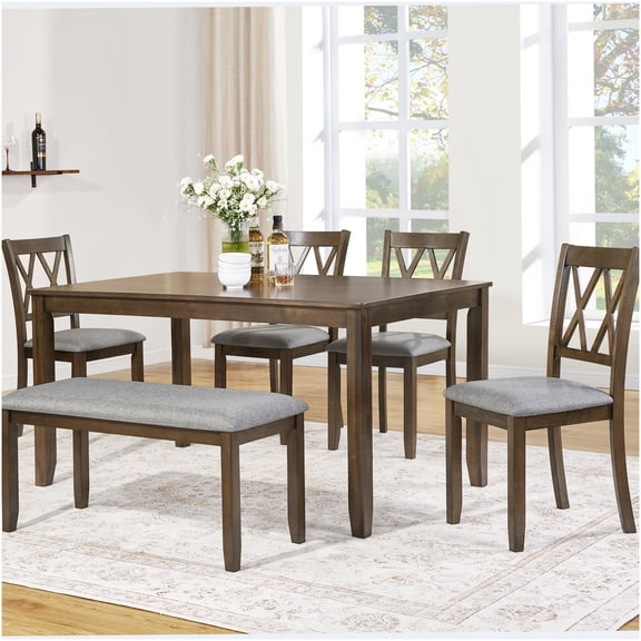 Walnut 6-Piece Dining Set with Table, 4 Chairs, and Bench for Kitchen and Dining Room