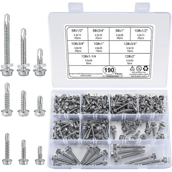 190Pcs Self Drilling Screws Sheet Metal Screws Stainless Steel Drill Tail Self Tapping Screws for Wood, Furniture