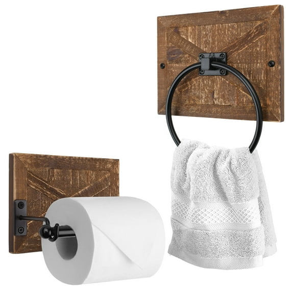 Rustic Farmhouse Toilet Paper Holder and Towel Ring Bathroom Accessories Set
