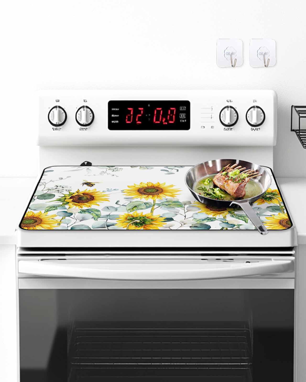 Stove Top Covers for Electric Stove, Sunflower Glass Stovetop Cover Protector, Sage Green Summer Botanical Eucalyptus Farmhouse Bee Induction Cooktop Protector Oven Mat for Kitchen Countertop 24"x21"